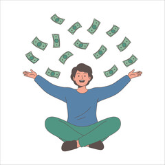 A happy man sitting crosslegged with arms outstretched as money falls from above, isolated on he is smiling and looks very pleased