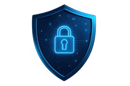 Digital shield securing private data with an glowing padlock icon, representing robust cybersecurity protection