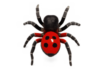 Plush toy spider with a vibrant red body featuring black spots, resembling a ladybug, creating a playful hybrid insect