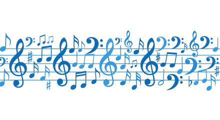 Blue musical notes and staff lines flat vector illustration