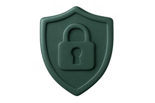 Shield icon with padlock representing cybersecurity, data privacy, and digital protection on transparent background
