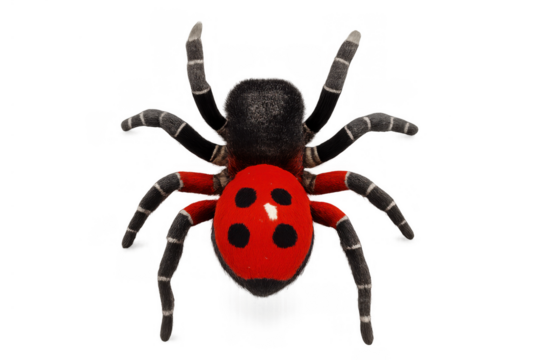 Plush toy spider with a vibrant red body featuring black spots, resembling a ladybug, creating a playful hybrid insect
