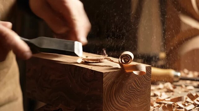 Craftsperson shaping piece of wood with sharp carving tool