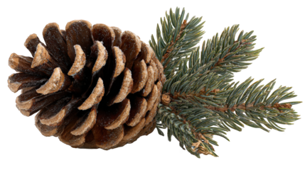 Pine cone and fir sprig with light frost, realistic winter arrangement on transparent background