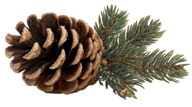 Pine cone and fir sprig with light frost, realistic winter arrangement on transparent background