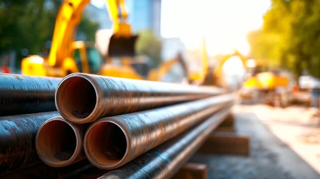 Multiple large diameter pipes on construction site pipeline materials staging area infrastructure project preparation insulated piping construction yard equipment and material