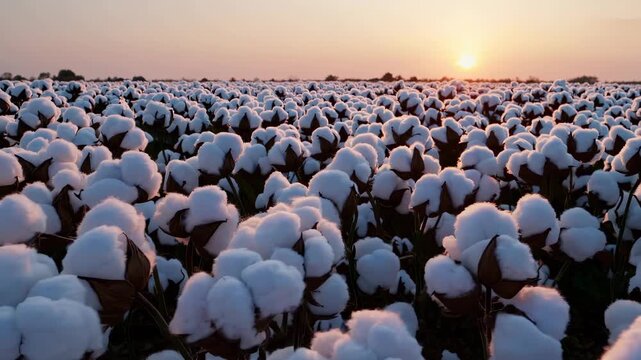 Close up cotton crop in wide plantation glows at sunset. Nature field reveals agriculture detail. Farmer harvesting cotton in crop season. Agricultural landscape with full cotton field view