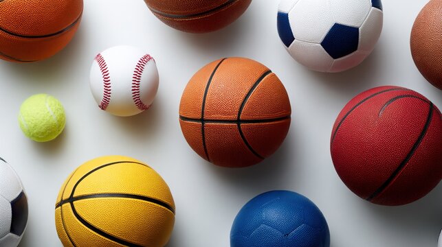 A vibrant collection of various sports balls, including basketballs, soccer balls, and tennis balls.