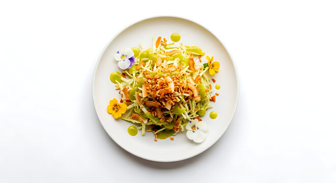 Minimalist flat lay, Thai yum pak kad salad with shredded cabbage, roasted coconut, and lime dressing, arranged on a white ceramic plate with edible flowers 