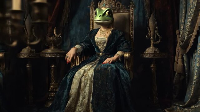 Two women sit on ornate thrones, each wearing elaborate gowns and frog heads. The frog-headed women create a surreal atmosphere with regal attire and rich decor surrounding them.