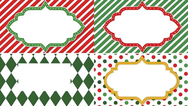Festive holiday labels with decorative borders on patterned backgrounds