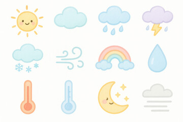 Ensemble d’icônes météo mignonnes, soleil, nuages, pluie, neige, vent, arc-en-ciel, lune, goutte d’eau, thermomètres et brouillard, style doux et pastel