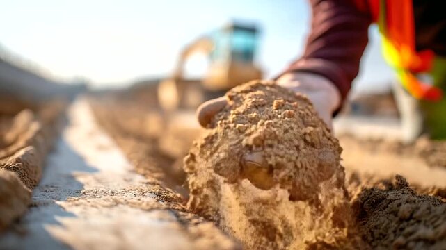Pipeline bedding material being placed in trench bottom sand or gravel layer proper installation practice infrastructure construction standards excavation work construction