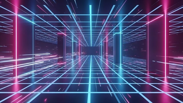Vibrant neon grid tunnel with futuristic digital architecture and glowing lights - Powered by Adobe