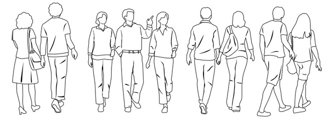 Couples and group of walking  business people, vector silhouettes of men and women, front and back view, profile, hand draw, linear sketch, black and white color, isolated on white background