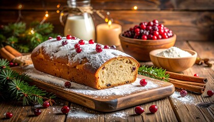 Fototapeta premium Holiday loaf cake with cranberries, surrounded by greenery, milk and a candle on a wood table under warm lights