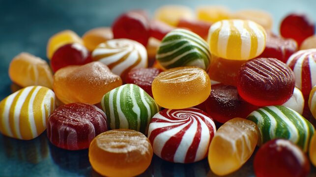 A vibrant assortment of colorful candies in various shapes and flavors on a glossy surface.