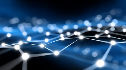 Abstract digital network illustration with glowing nodes and connecting lines, showcasing technology and connectivity in a vibrant blue and black background, representing modern communication
