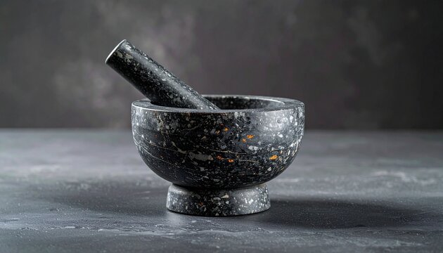 Black granite mortar and pestle on dark surface.