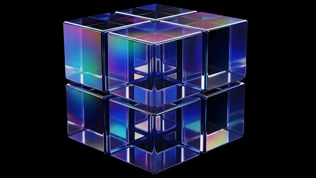 Prismatic crystal cube reflecting vibrant rainbow colors against a dark background