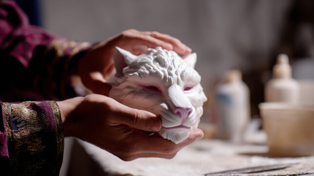 Artisan craftsman carefully holds a white sculpted animal mask in hands, showcasing intricate details and textures in a creative workspace filled with art supplies and tools - Powered by Adobe