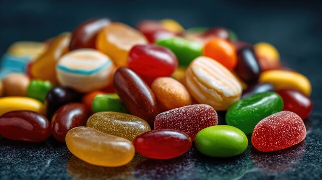 A colorful assortment of jelly beans and candies on a dark surface. - Powered by Adobe