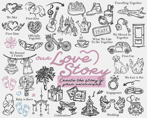 Welcome to Our Love Story creative vector set of hand drawn illustrations	