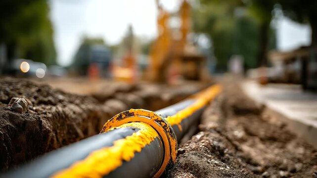 Pipeline trench with utility locating markings infrastructure coordination avoiding existing utilities spray paint marks visible construction planning excavation site