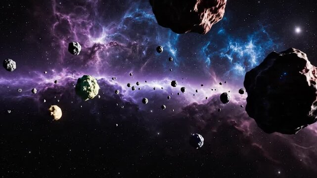 Asteroids floating in a colorful nebula in deep space.