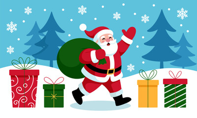 A cheerful depiction of Santa Claus joyfully carrying a bag full of gifts amidst snow-covered trees, encapsulating the spirit of Christmas and gift-giving.