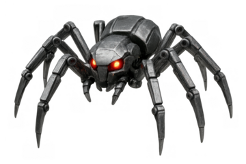 Robotic spider mecha with glowing red eyes representing technology, artificial intelligence, and futuristic concepts on transparent background