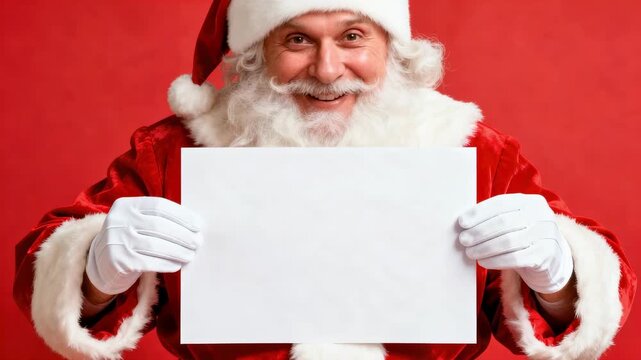 Santa Claus joyfully presents a blank sign, showcasing festive spirit and holiday cheer, with a vibrant red background enhancing the scene