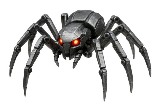 Robotic spider mecha with glowing red eyes representing technology, artificial intelligence, and futuristic concepts on transparent background