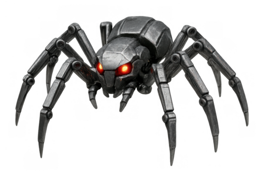 Robotic spider mecha with glowing red eyes representing technology, artificial intelligence, and futuristic concepts on transparent background