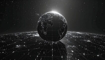 Global network concept, black and white digital image. Earth, stars, nodes, connections are visible