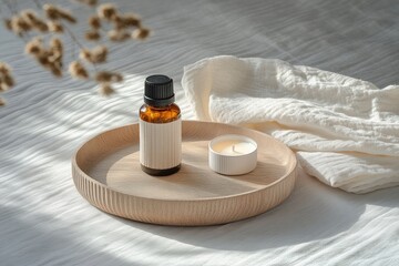 A wooden tray holds a bottle of essential oil and a candle