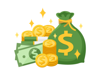 some money, cash coins, and a full bag of savings money