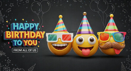 Three cheerful emojis wearing party hats and sunglasses celebrate a happy birthday together