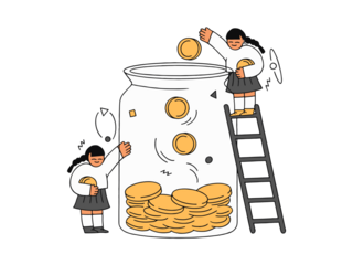 Two school cartoon girl saving their money in a jar