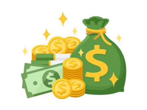 some money, cash coins, and a full bag of savings money