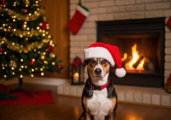 Dog wearing Santa hat sitting by fireplace with Christmas tree