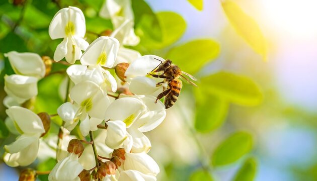 Honeybee rests on white blossoms against a blue sky with green foliage and bright sunlight in a natural setting