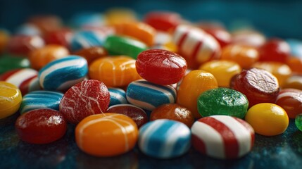 A vibrant assortment of colorful candies scattered on a blue background.