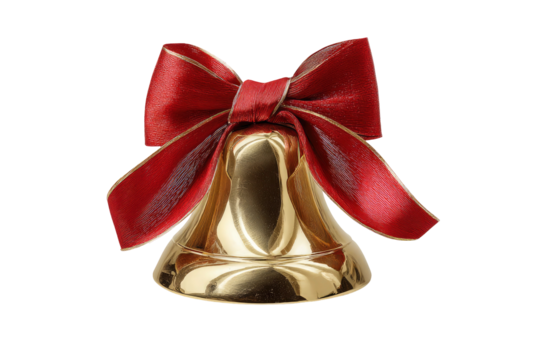 Festive red bow and golden bell decoration on transparent background