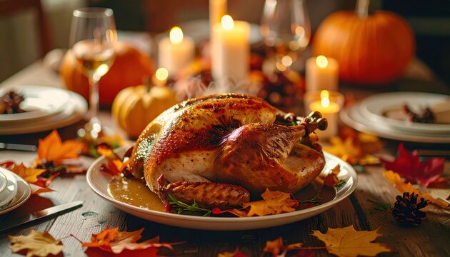 Cozy Thanksgiving Decor: A beautifully set dining table with a roasted turkey as the centerpiece surrounded by autumn leaves and pumpkins
