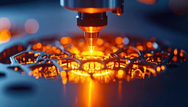Metal Filament Shaping: A 3D printer nozzle precisely extruding glowing, molten metal filament to form an intricate geometric lattice
 - Powered by Adobe