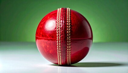 Red cricket ball with white seam on green surface.