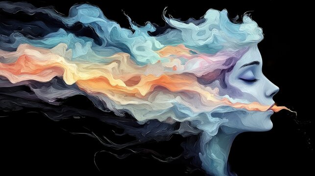 A profile view of a woman's face with her eyes closed, as colorful smoke or vapor streams from her mouth and forms a cloud around her head. - Powered by Adobe