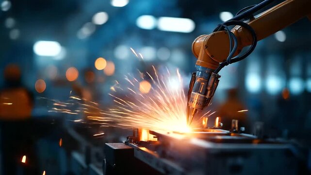 Robotic welding station with orange sparks flying battery pack frame construction automated manufacturing EV production facility industrial welding robot protective barriers