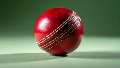 Red cricket ball with white seam on green surface.